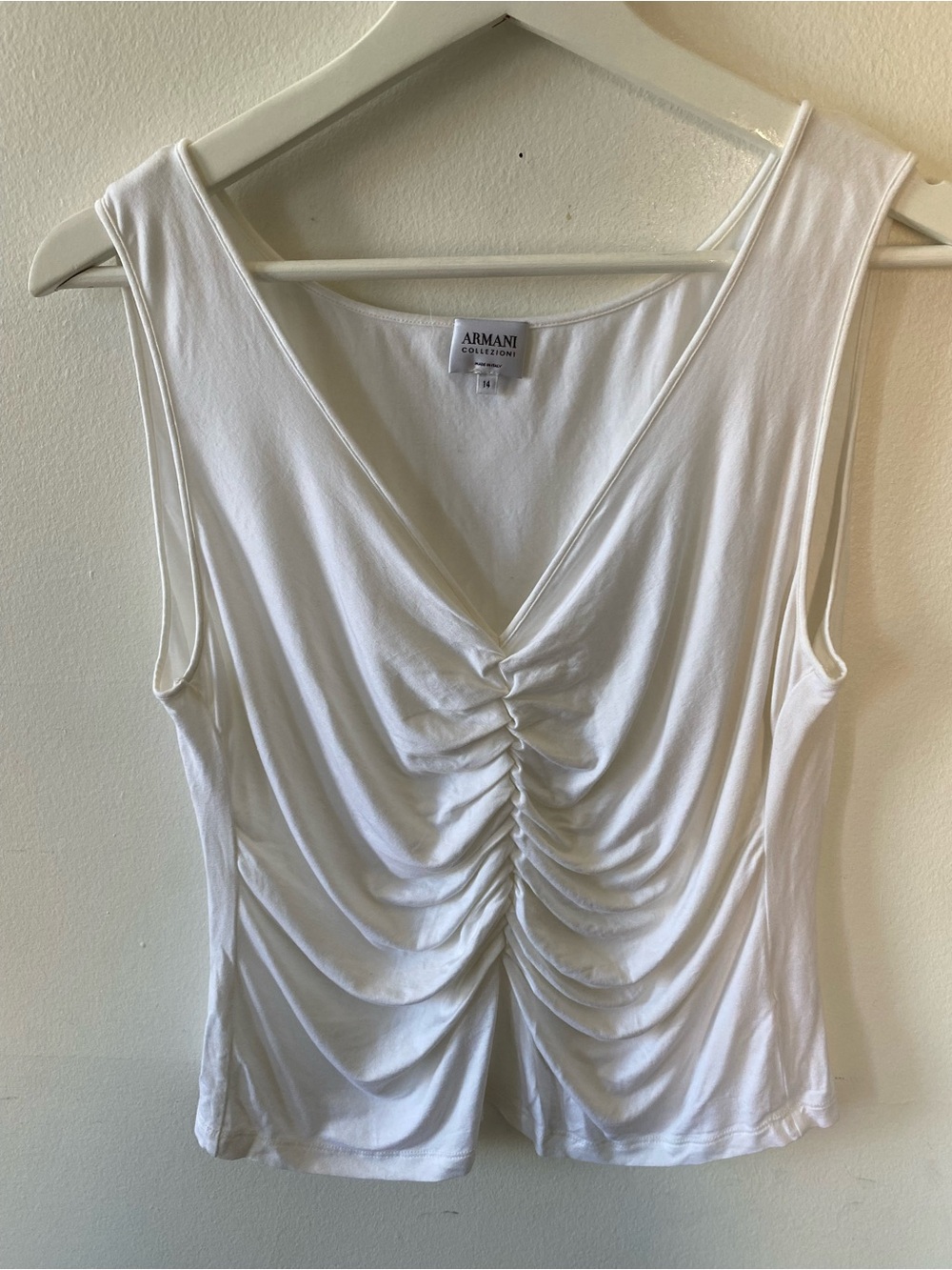 Armani Collezioni White Ruched V-Neck Tank